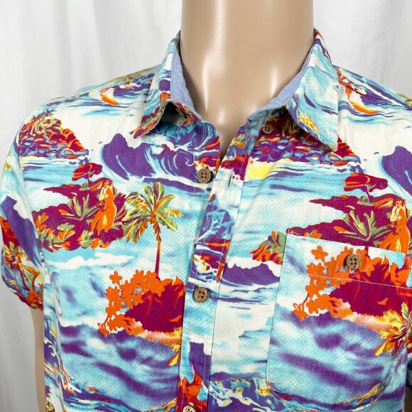 Artistry In Motion Men Medium Blue Tropical Islands Short Sleeve Button-Up Shirt - Picture 2 of 7